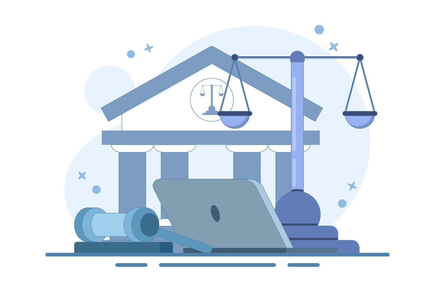 Law and Justice Concept. Scales of justice, supreme court building and judge's gavel. Supreme Court. Criminal trial advocate, lawyer consulting with client. Flat design illustration on background. vector