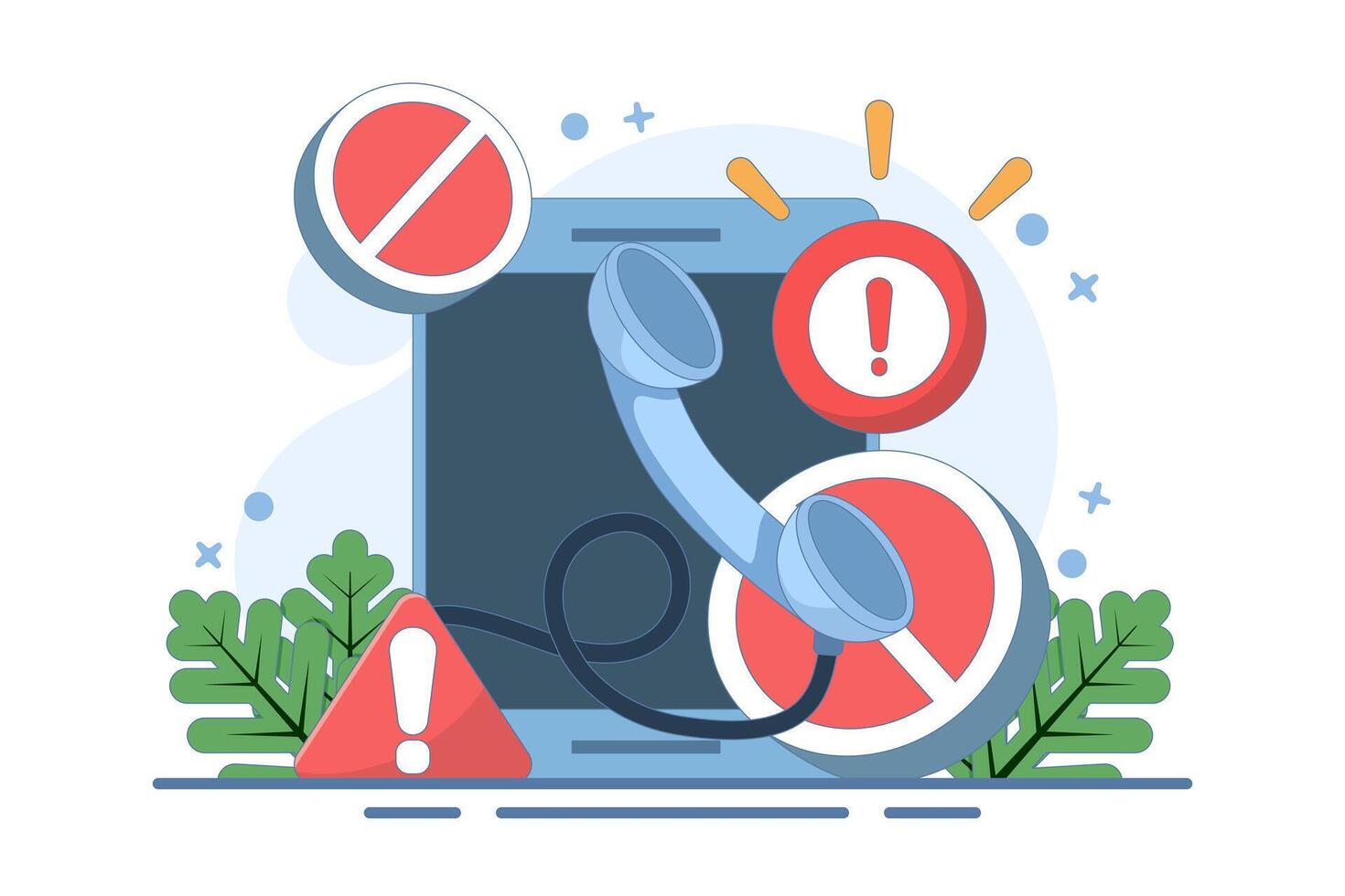 Phone concept with exclamation mark. warning notification. suspicious call, danger and fraud. danger of fraud by phone. symbol or icon. flat illustration with minimalist style design. vector