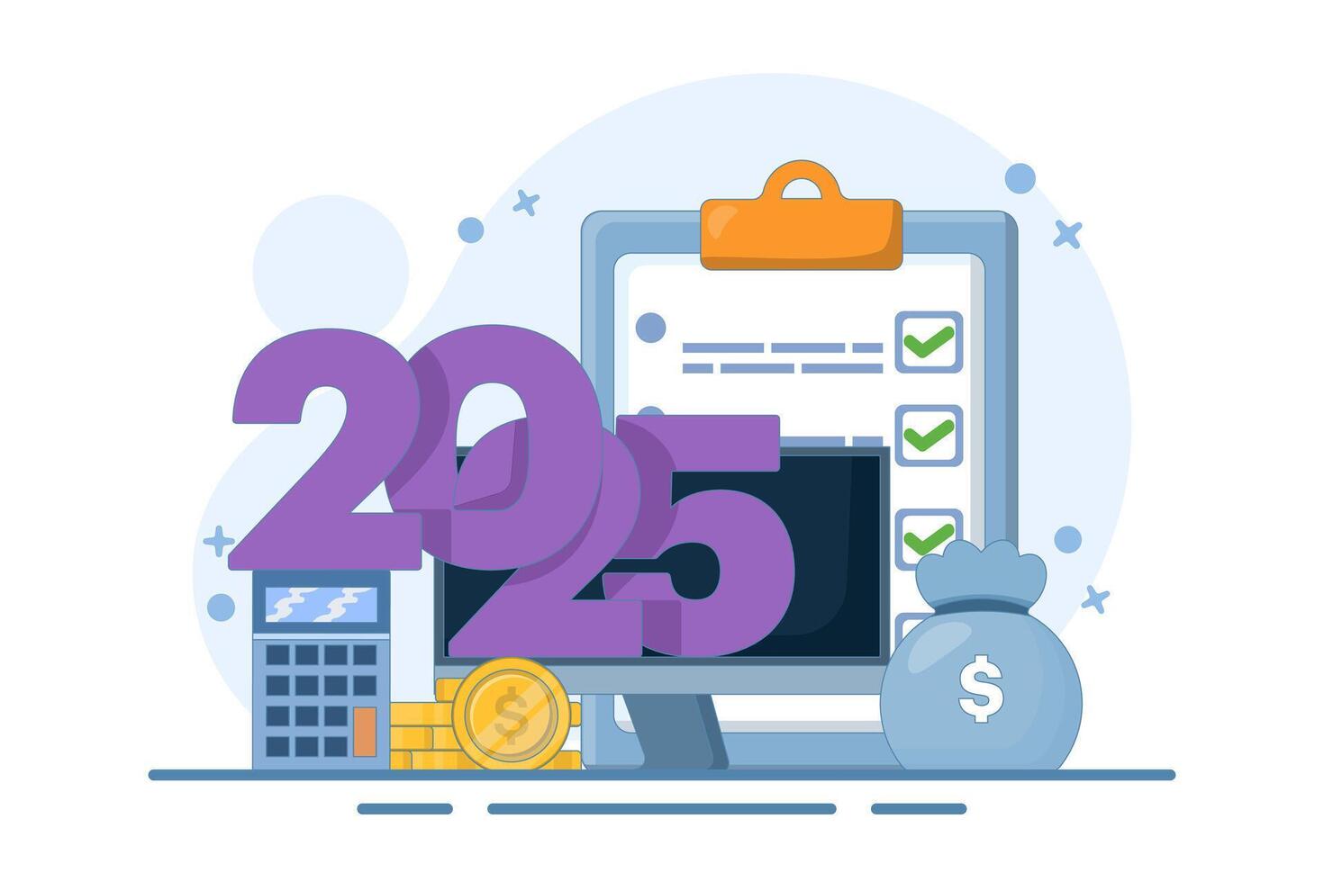 budget concept for 2025. Business or family financial planning. Explore the booth near the date 2025, calculator, coins, globe. Modern flat style, design illustration. vector