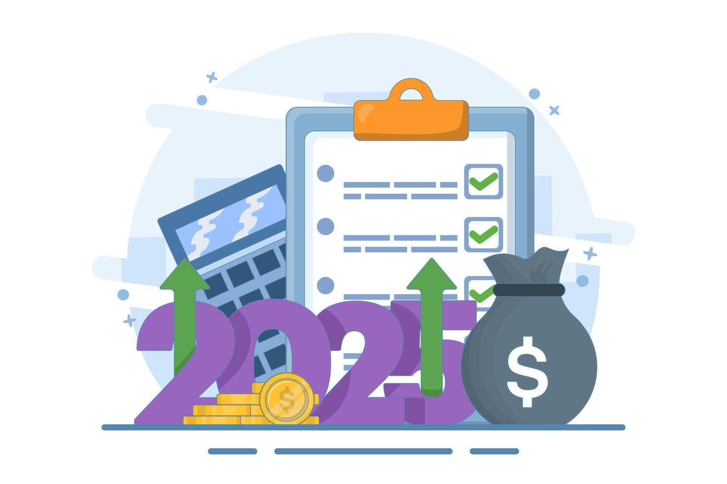 budget concept for 2025. Business or family financial planning. Explore the booth near the date 2025, calculator, coins, globe. Modern flat style vector