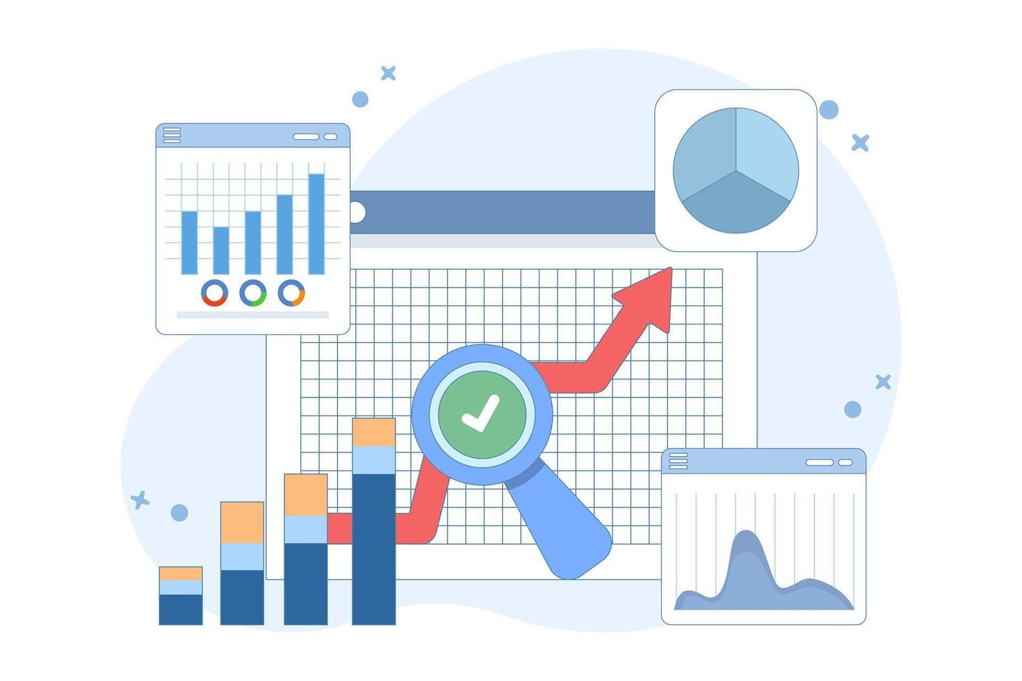 Big Data and Cloud Computing Concept. Businesses use remote servers to analyze large data sets and identify errors. Data concept. flat design illustration. vector
