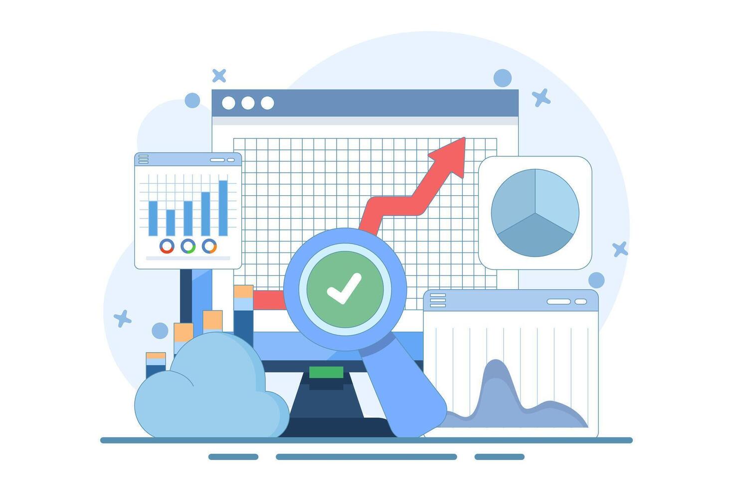 Big Data and Cloud Computing Concept. Businesses use remote servers to analyze large data sets and identify errors. Actionable data concept. Flat design illustration in the background. vector