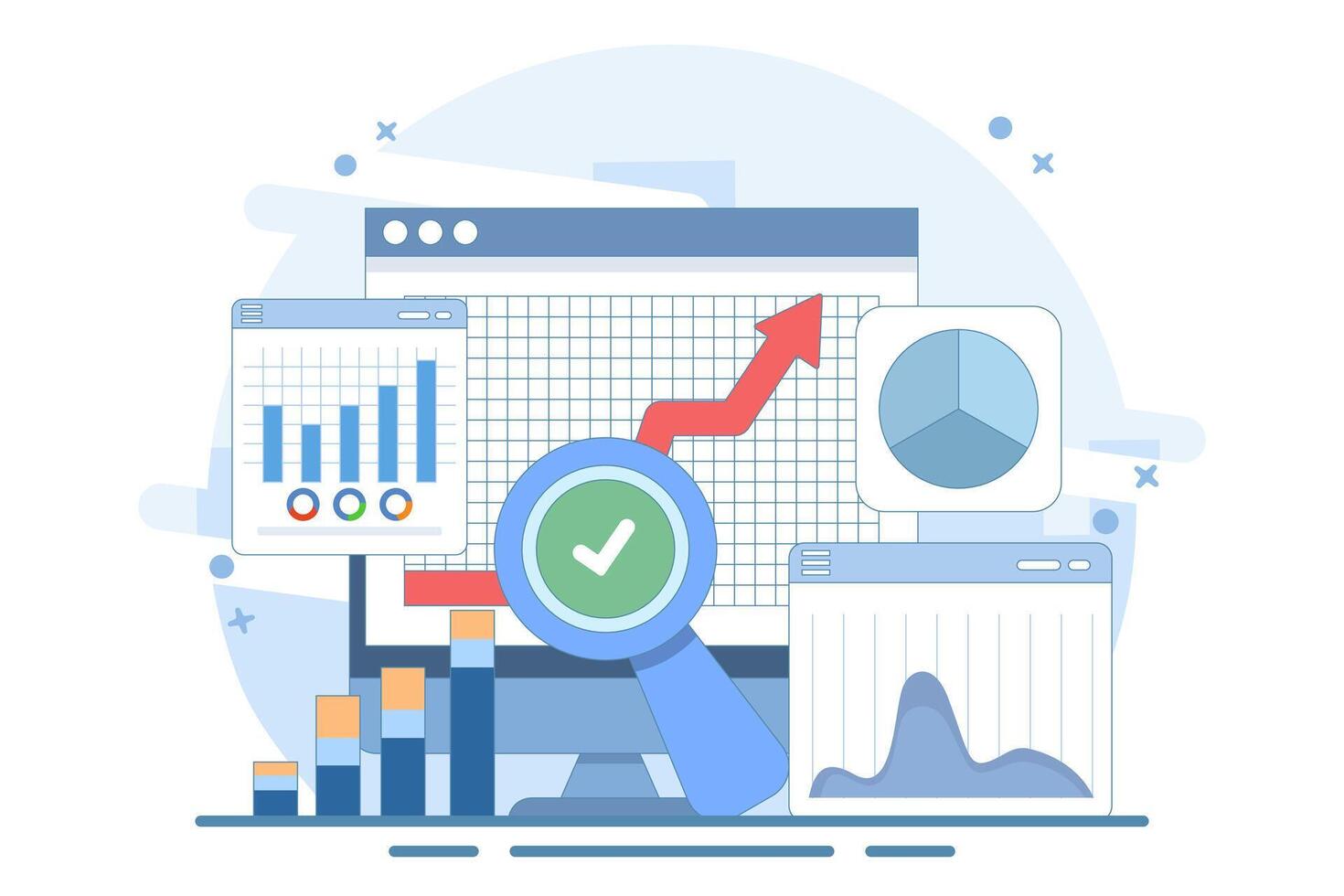 Big Data and Cloud Computing Concept. Businesses use remote servers to analyze large data sets and identify errors. Data concept. vector