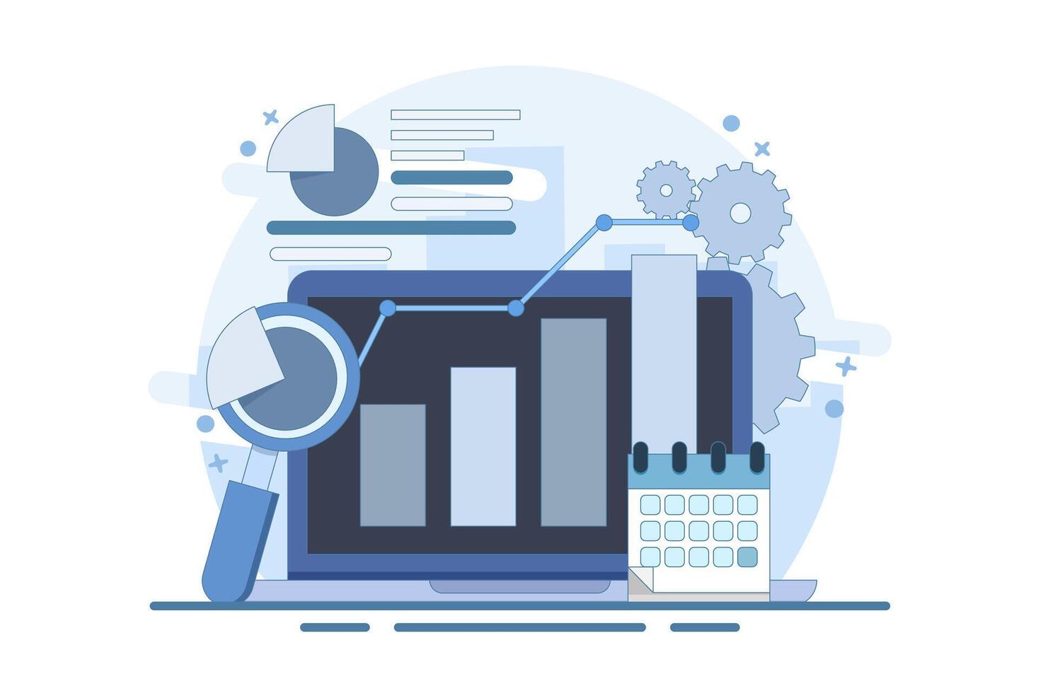 Financial Diagram Analysis Concept with Magnifying Glass Financial Business Chart. Audit, business analysis concept. Opportunities. Audit chart and documentation. Design illustration. vector