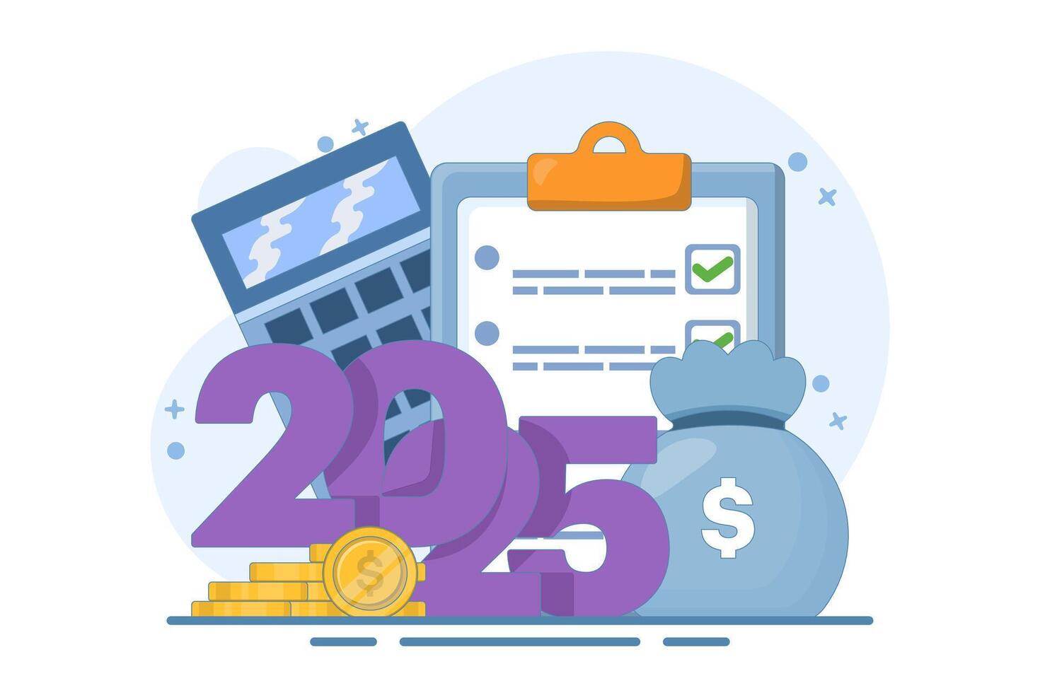 budget concept for 2025. Business or family financial planning. Explore the booth near the date 2025, calculator, coins, globe. Modern flat style, flat illustration on the background. vector