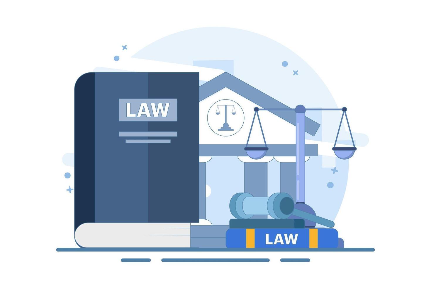 Concept of Law and Justice. Scales of justice, supreme court building, and judge's gavel. Supreme Court. Criminal trial advocate, lawyer consulting with client. Flat design illustration vector