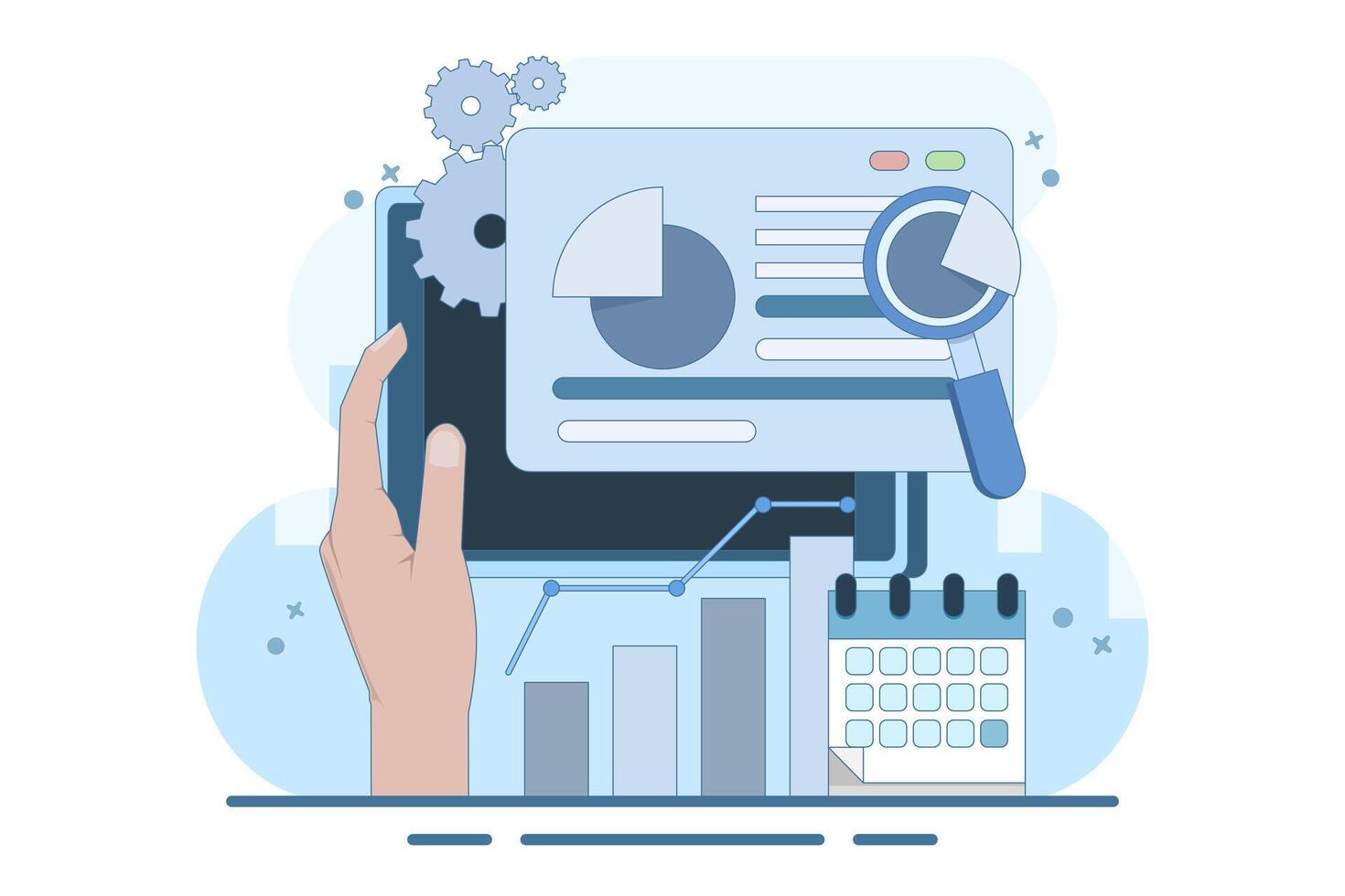 Financial Diagram Analysis Concept with Magnifying Glass Financial Business Chart. Audit, business analysis concept. Opportunities. Audit chart and documentation. Illustration. vector