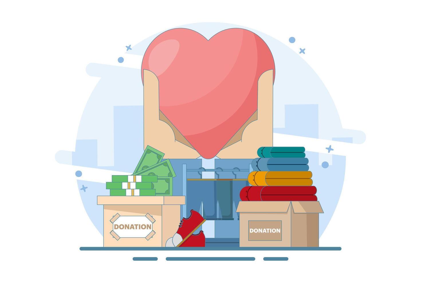 charity event and donation concept. aid and humanity. volunteers or donors who donate clothes, food, money and medicines. hands holding heart. flat style design. illustration desin. vector