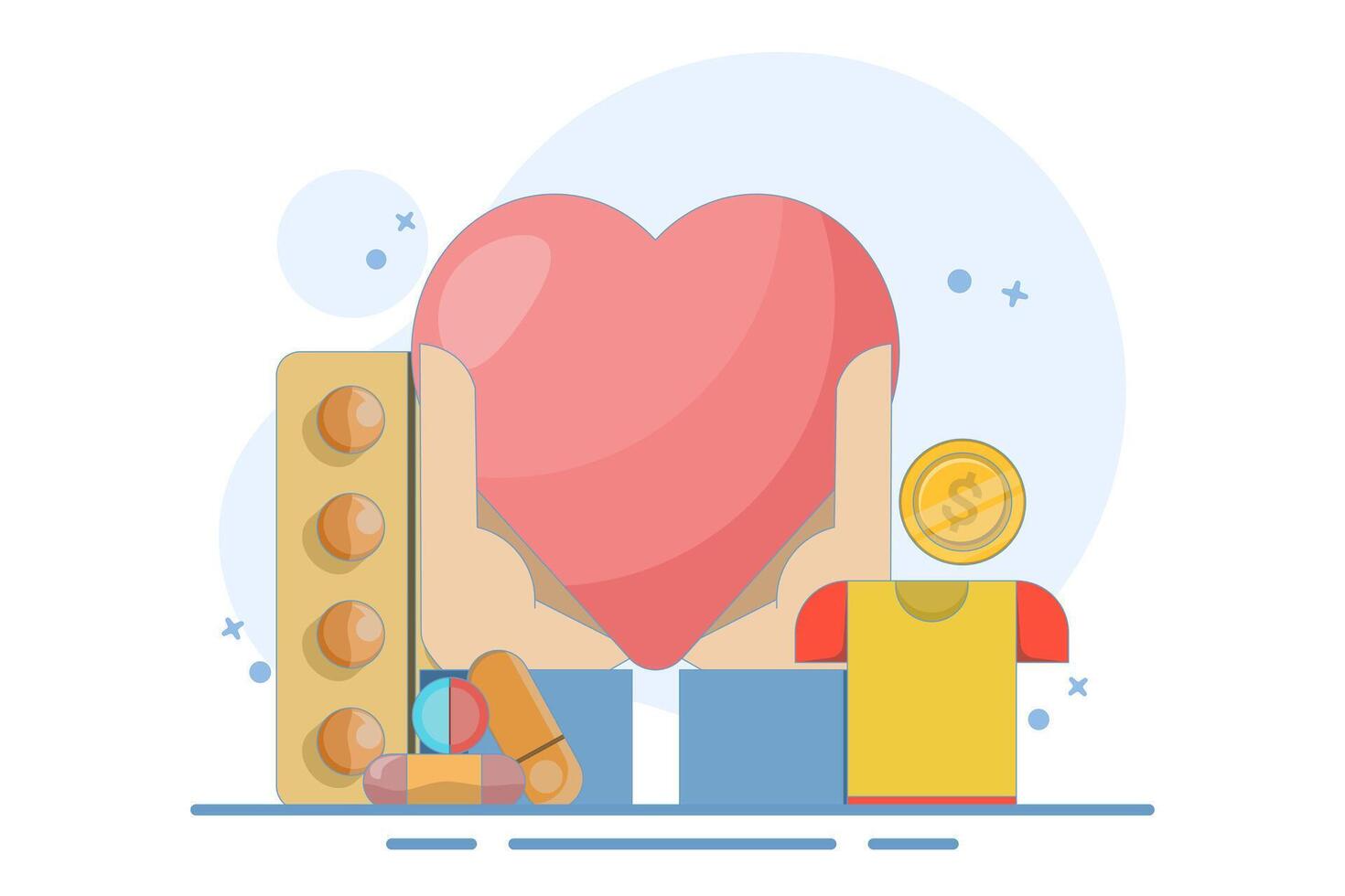 charity event and donation concept. aid and humanity. volunteers or donors who donate clothes, food, money and medicines. hands holding heart. flat style design. vector