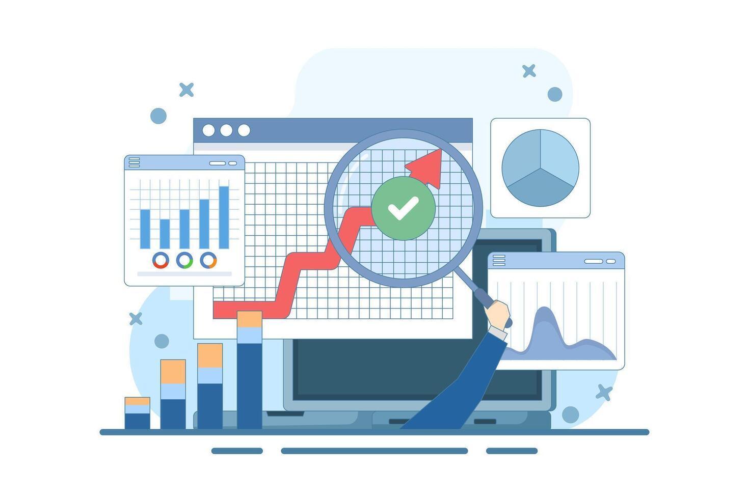 Big Data and Cloud Computing Concept. Businesses use remote servers to analyze large data sets and identify errors. Actionable data concept. Flat on background. vector