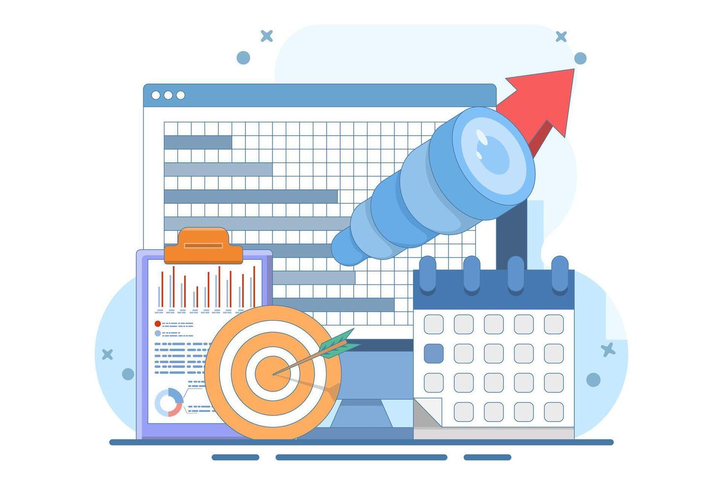 Business vision concept. Finding and realizing the company's mission. Economic research and forecast visualization. Modern flat style, mobile application. Flat vector