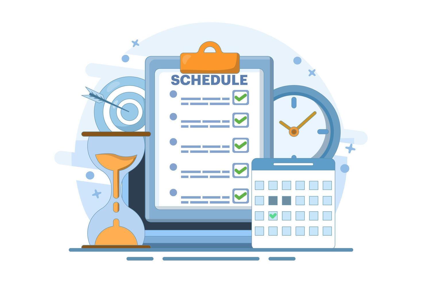 Meeting agenda, goal concept to be completed. Time management, planning project, calendar and pen box, completing work tasks, organizing schedule. Flat illustration. vector