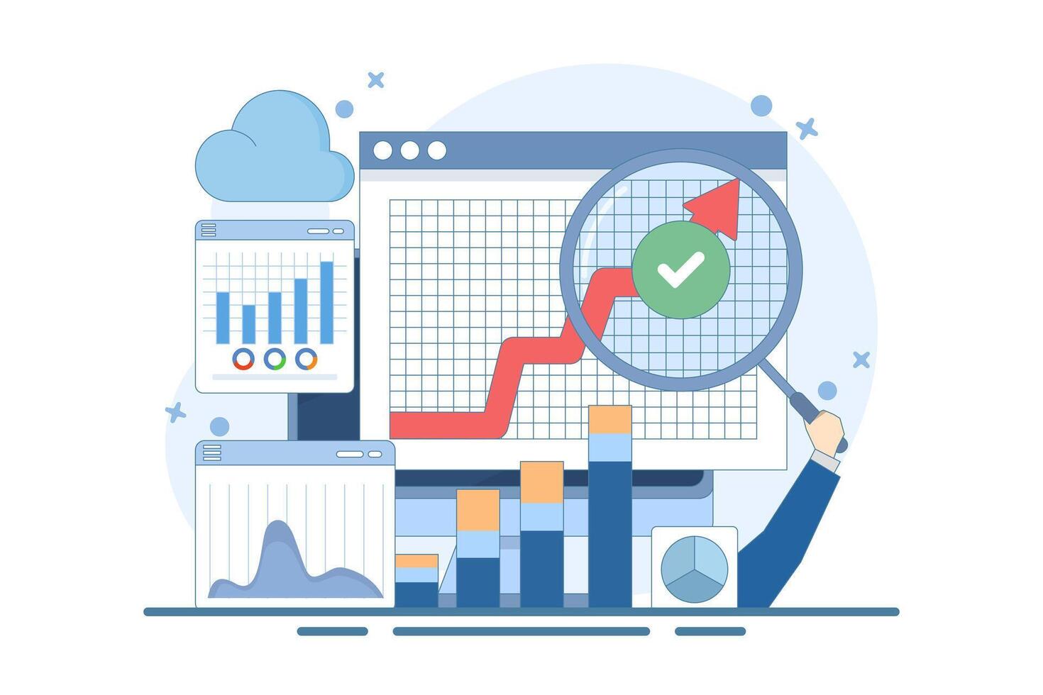 Big Data and Cloud Computing Concept. Businesses use remote servers to analyze large data sets and identify errors. Actionable data concept. Flat illustration on background. vector
