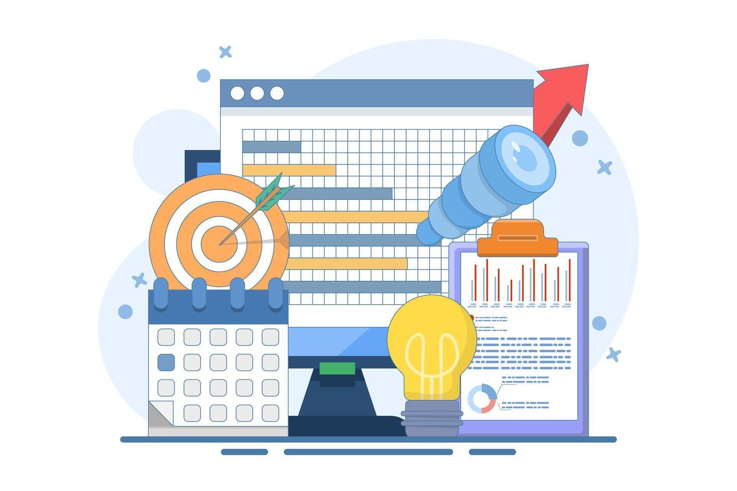 Business vision concept. Finding and realizing the company's mission. Economic research and forecast visualization. Modern flat style, mobile application. vector