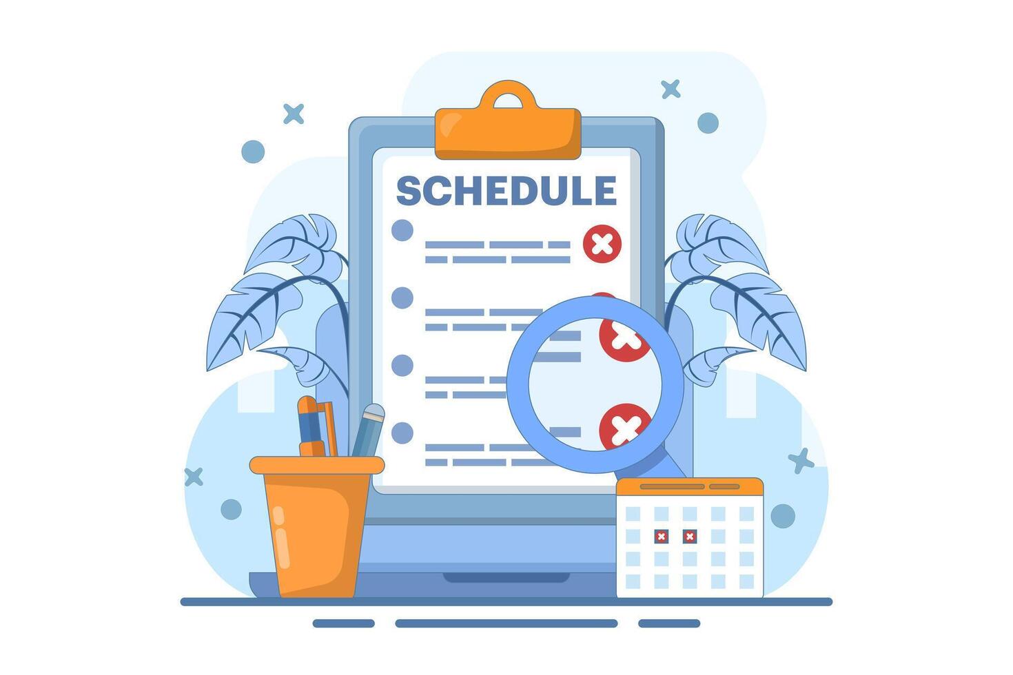 Konsep jadwal yang ditolak. Papan jadwal dengan simbol silang, tolak, atau batal. Batas waktu, konsep manajemen waktu. Ikon vektor dengan gaya kartun minimalis. Ilustrasi datar. vector