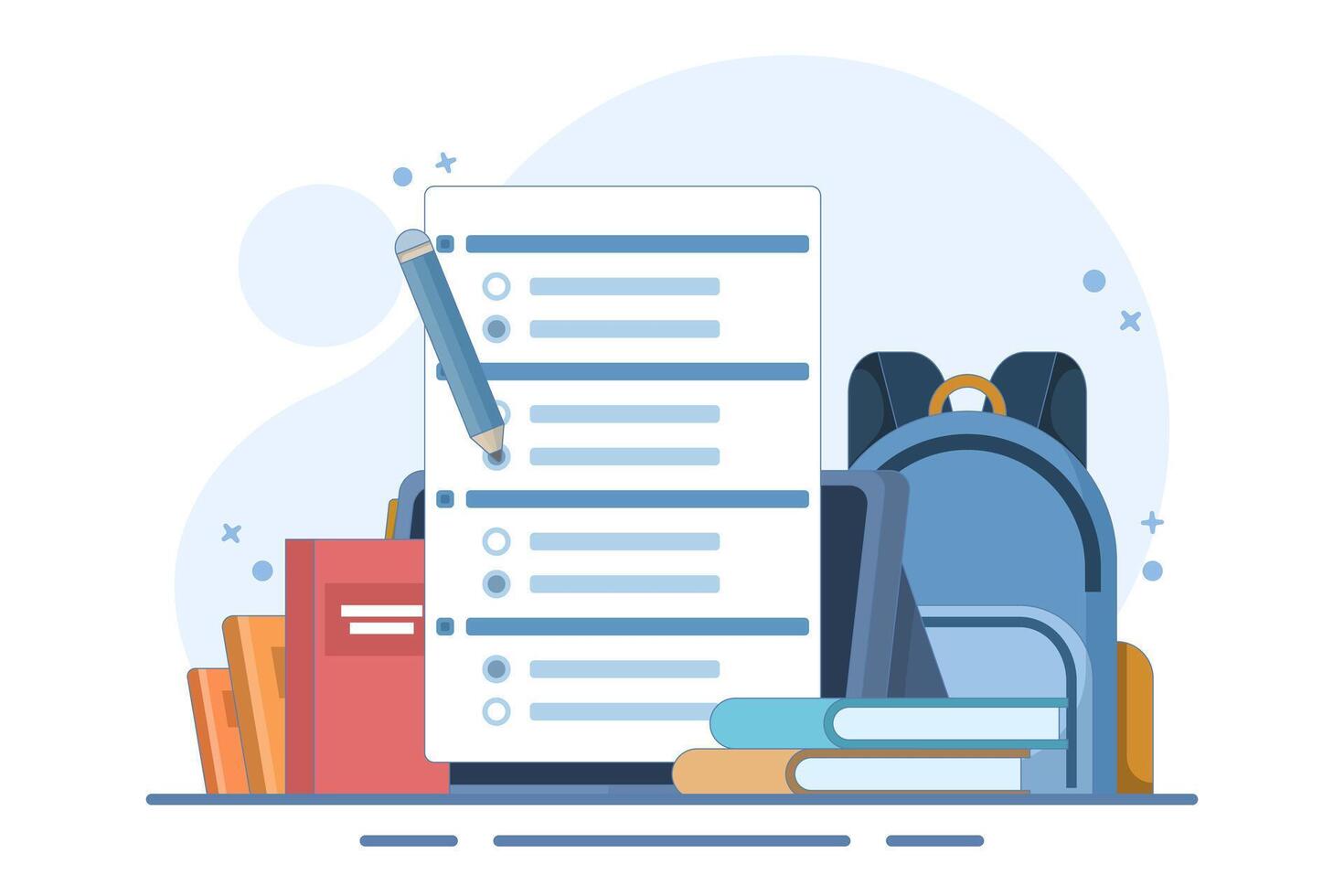 Online education concept, PC Computer with homework paper, pencil, books, school bag on isolated background, digital marketing. flat design illustration on background. vector