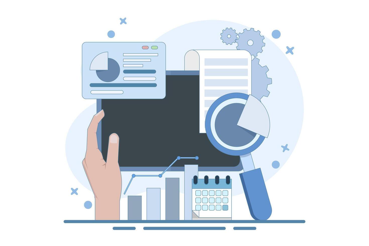 Financial Diagram Analysis Concept with Magnifying Glass Financial Business Chart. Audit, business analysis concept. Opportunities. Audit chart and documentation. vector
