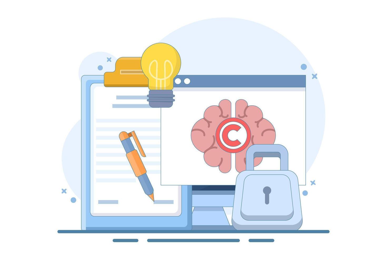 Intellectual property concept. Copyright. Small authors protect legal information ideas with trademarks. Screen templates for landing pages, templates, interfaces, web, mobile apps vector