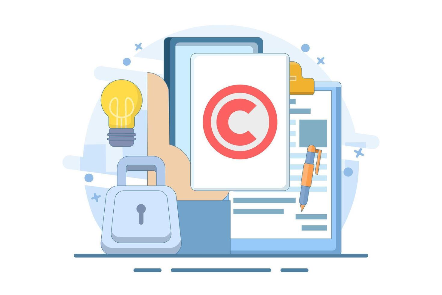 Intellectual property concept. Copyright. Small authors protect legal information ideas with trademarks. Screen templates for landing pages, templates, interfaces, web vector