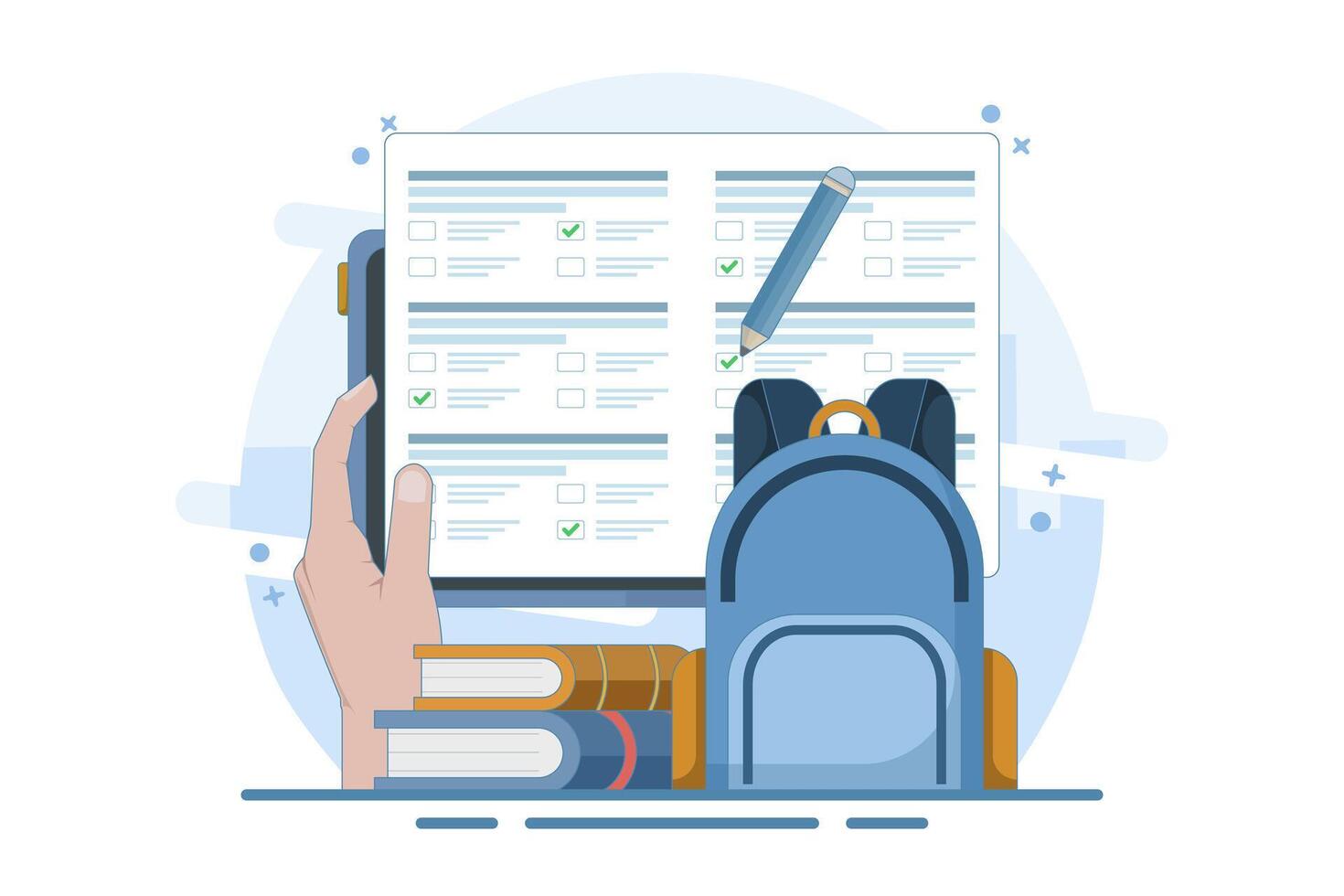 Online education concept, PC Computer with homework paper, pencil, books, school bag on isolated background, digital marketing. flat illustration. vector