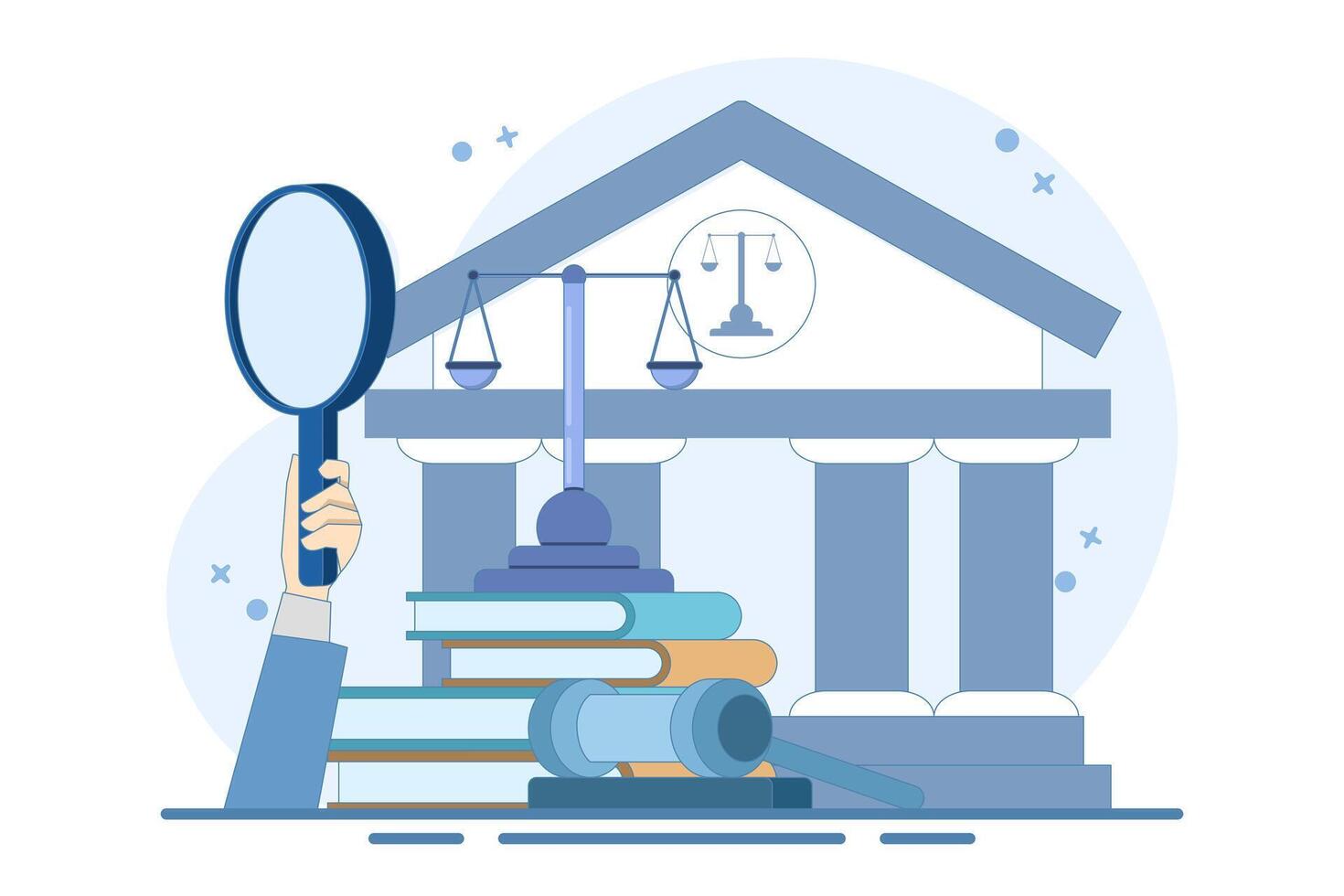 Concept of Law and Justice. Scales of justice, supreme court building, and judge's gavel. Supreme Court. Criminal trial advocate, lawyer consulting with client. Illustration design. vector