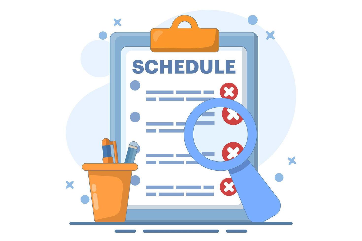 Rejected schedule concept. Schedule board with cross, reject or cancel symbol. Deadline, time management concept. icon in minimalist cartoon style. Flat design illustration on background. vector
