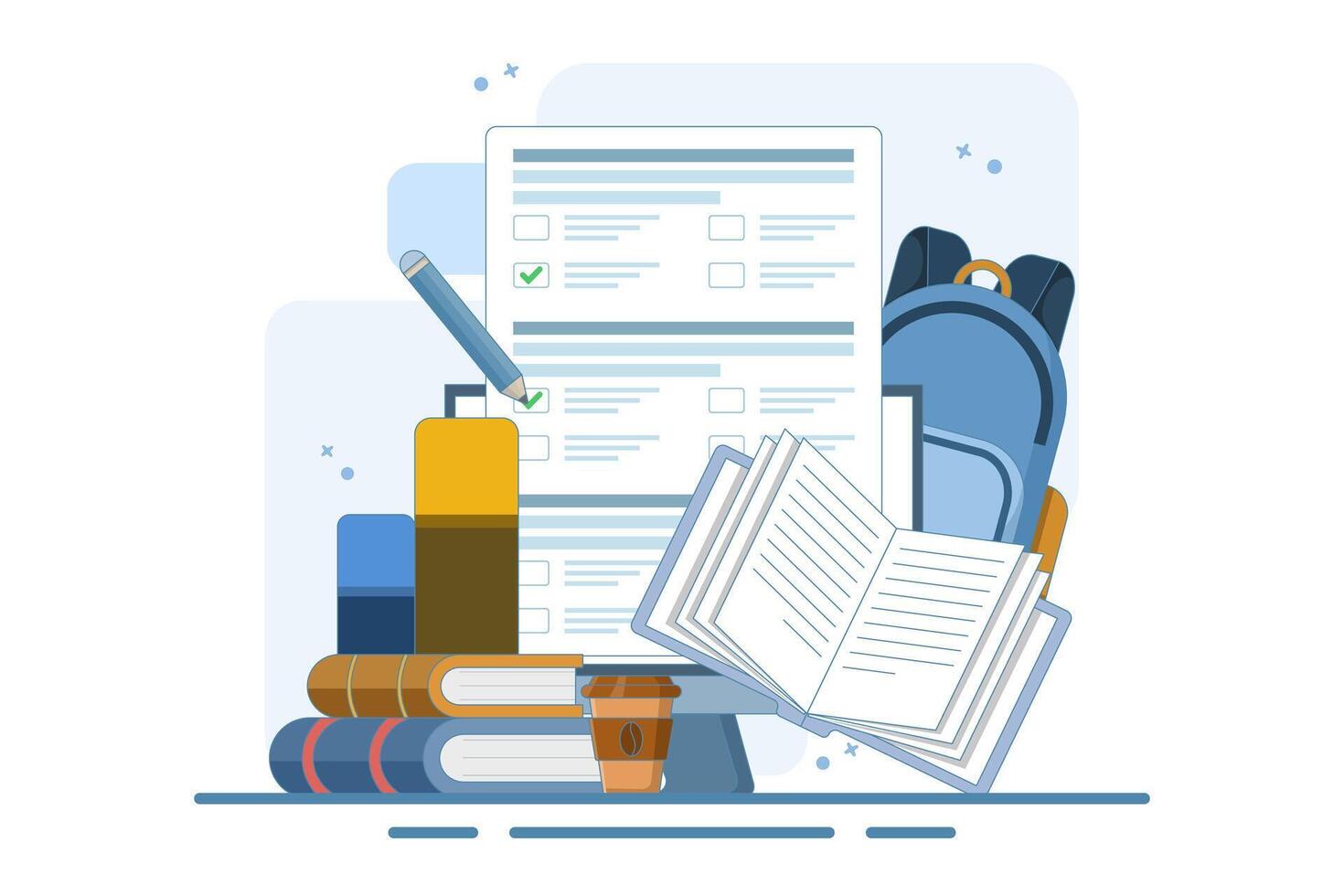 Online education concept, PC Computer with homework paper, pencil, books, school bag on isolated background, digital marketing. design illustration. vector
