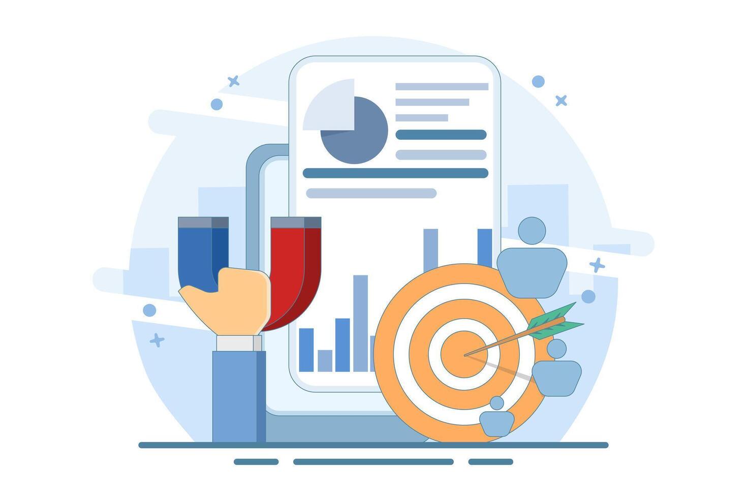 Target audience concept. Placing ads on social networks in smartphone applications. Customer reach, digital marketing, business goals, sales gain. Modern flat cartoon style. illustration. vector