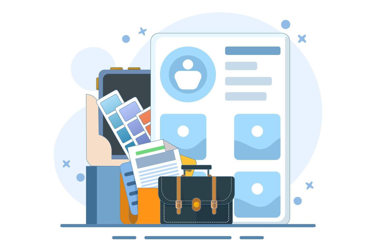 Portfolio concept. Briefcase with work gallery and file collection. Presentation artist folder preview. Screen template for landing page, interface, web, app, poster, banner. Flat illustration. vector