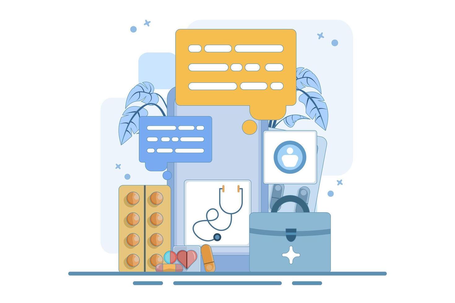 Online health telemedicine concept. Online medical consultation and healthcare services via internet clinic mobile application connected to computer. Online doctor consultation. Design illustration. vector