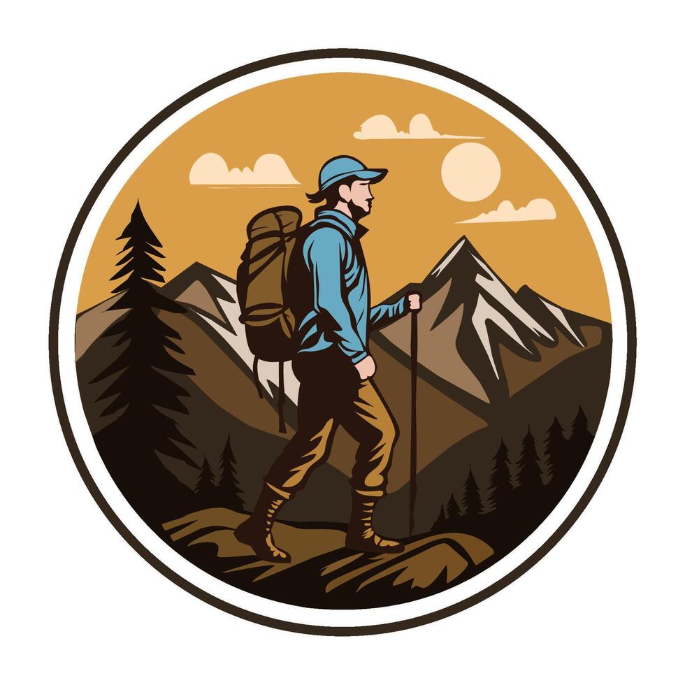 A man with a backpack and hiking poles is walking in the mountains vector