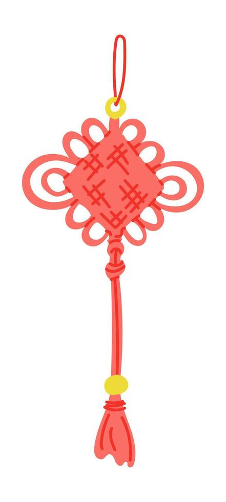 Traditional Chinese knot in red with decorative loops and tassels, with yellow accents, symbolizing luck and prosperity isolated on a white background vector