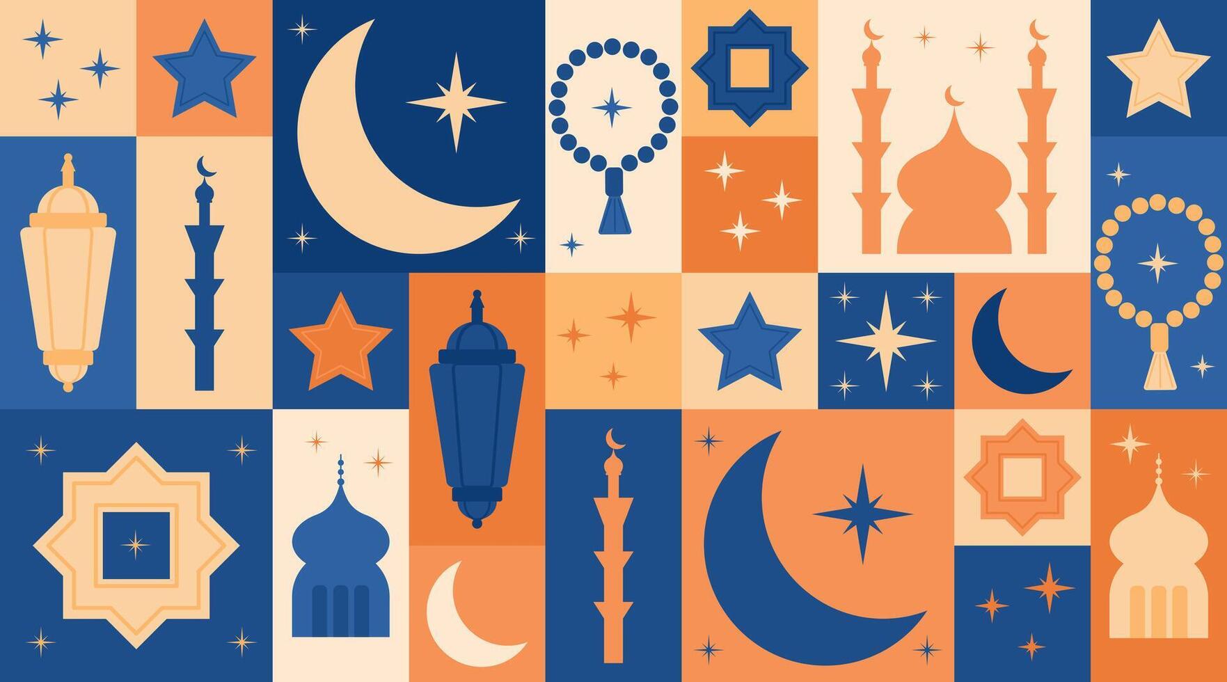 Modular Ramadan banner with crescents, mosques, lanterns, stars, and prayer beads in orange, blue, and beige tones with a festive Islamic theme vector