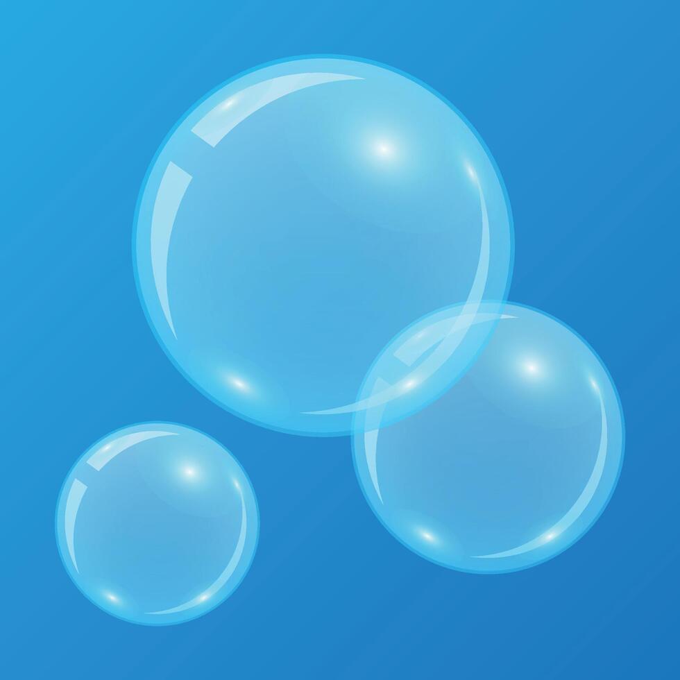 Bright blue soap bubbles isolated on blue background close up vector