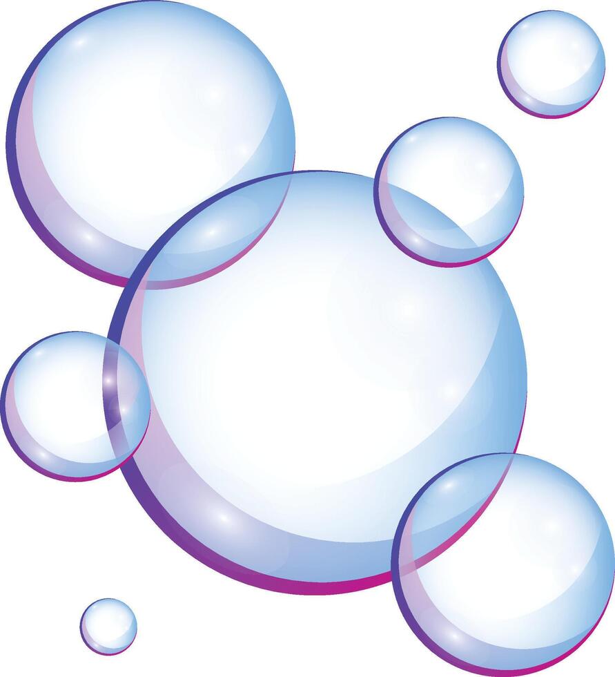 Bright blue and violet soap bubbles isolated on white background close up vector