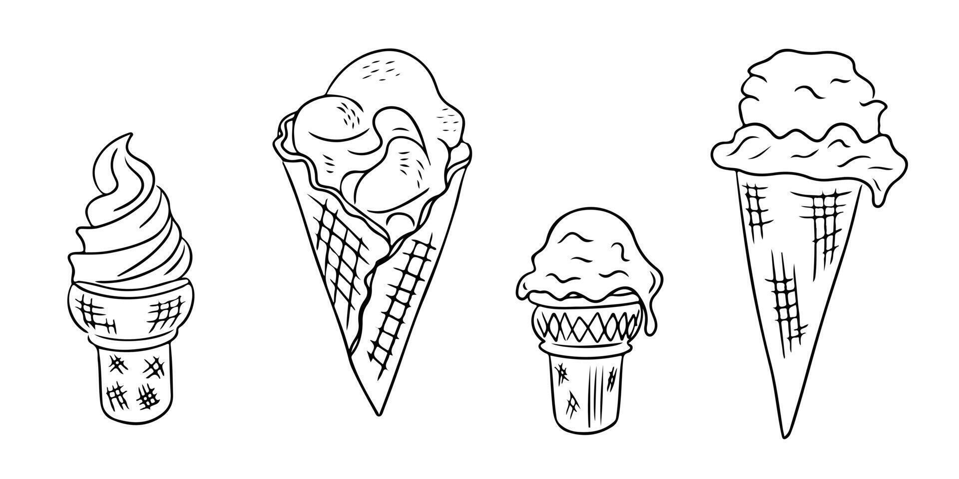 Set of hand drawn outline ice cream cones in various styles, with scoops and soft serve, illustrated in a simple black and white doodle style vector