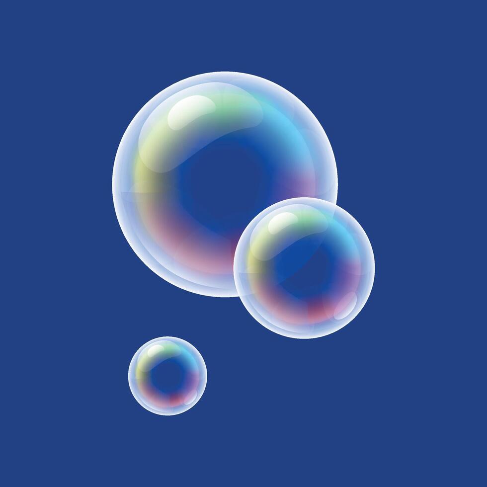 Bright rainbow soap bubbles isolated on blue background close up vector