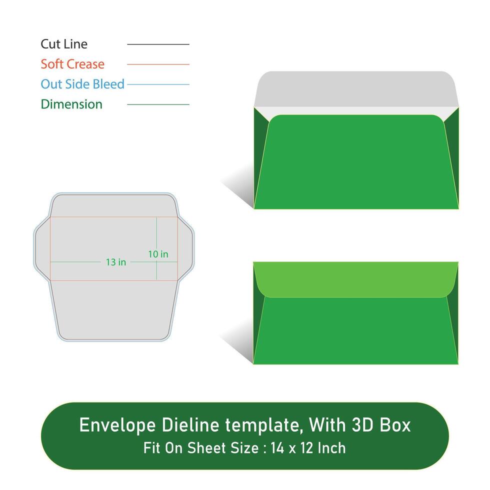 Size 13x10 in, Envelope Dieline template, And 3D Box, vector