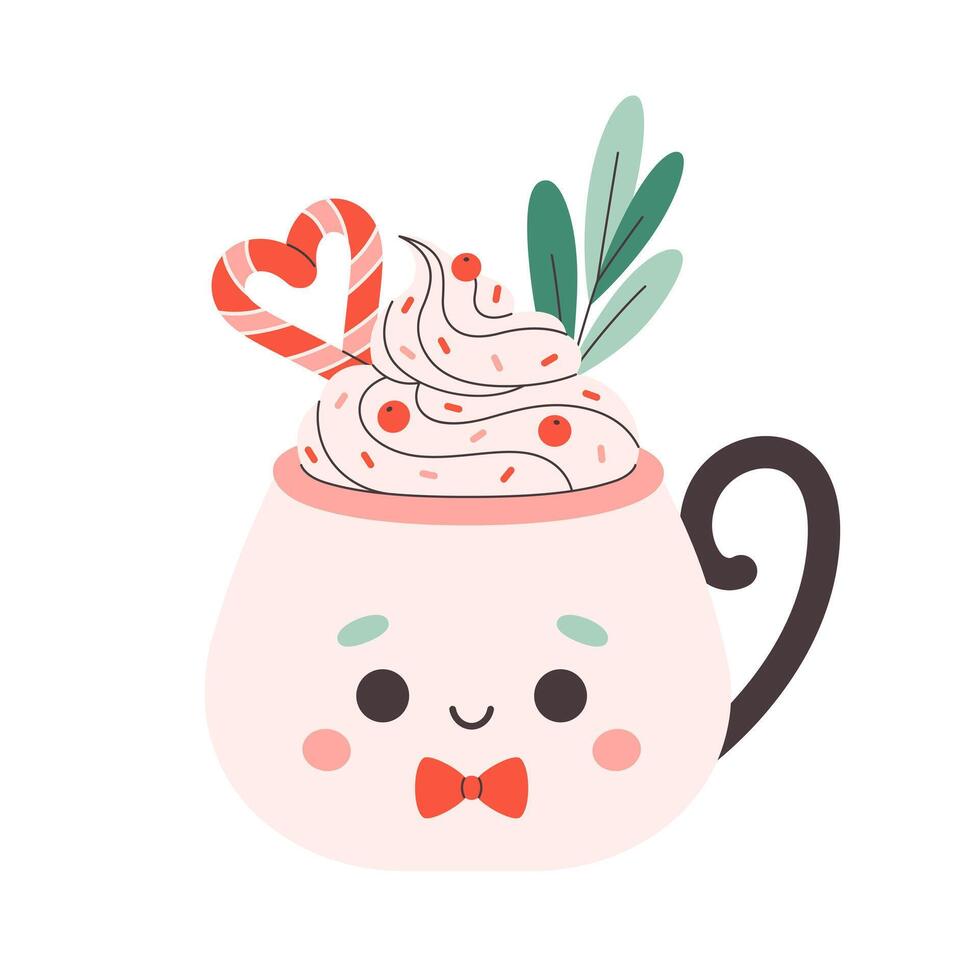 Holiday hot drinks with festive topping and candy canes in cute mug. Creamy coffee, hot chocolate, hot cocoa. Perfect for celebration Valentine Day. vector