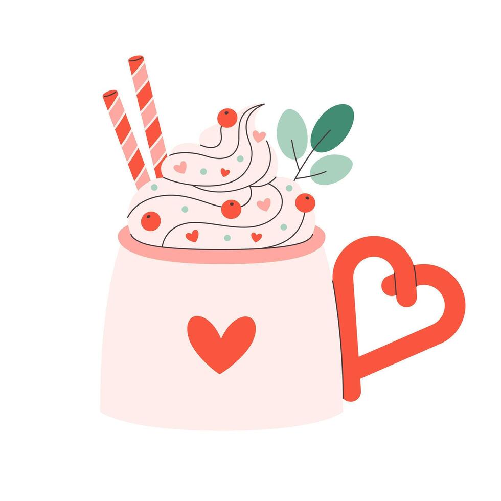 Holiday hot drink with festive topping in cute mug. Creamy coffee, hot chocolate, hot cocoa. Perfect for celebration Valentine Day. vector