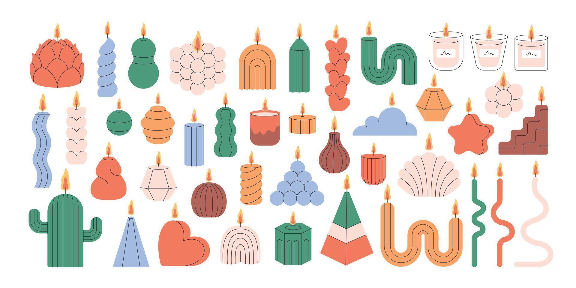 Big set of cute decorative candles. Burning scented candles, home interior vector