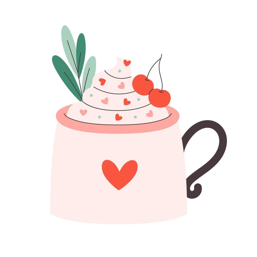 Holiday hot drinks with festive whipped cream and cherry in cute mug. Creamy coffee, hot chocolate, hot cocoa. Perfect for celebration Valentine Day. vector