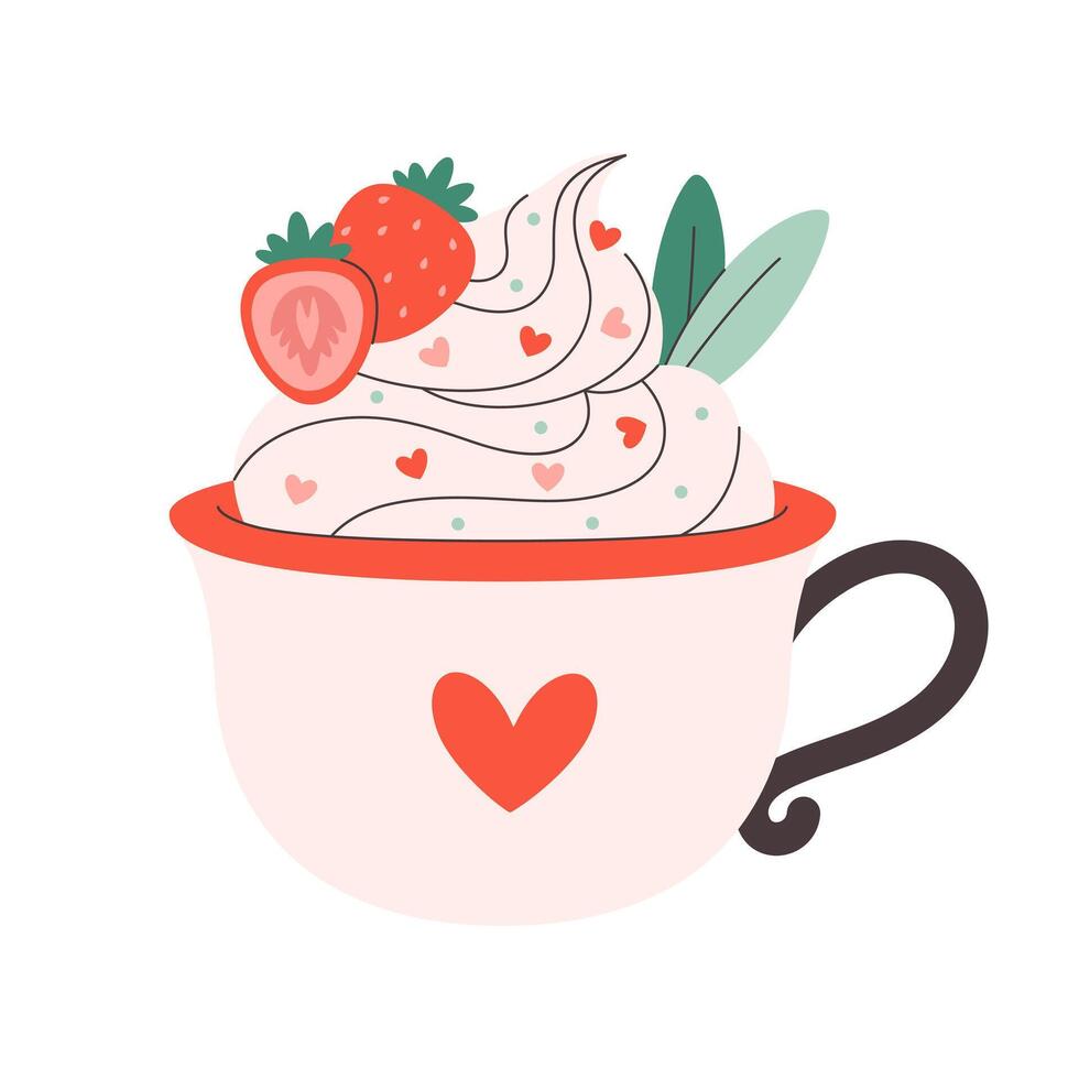 Holiday hot drink with festive topping and strawberry in cute mug. Creamy coffee, hot chocolate, hot cocoa. Perfect for celebration Valentine Day. vector