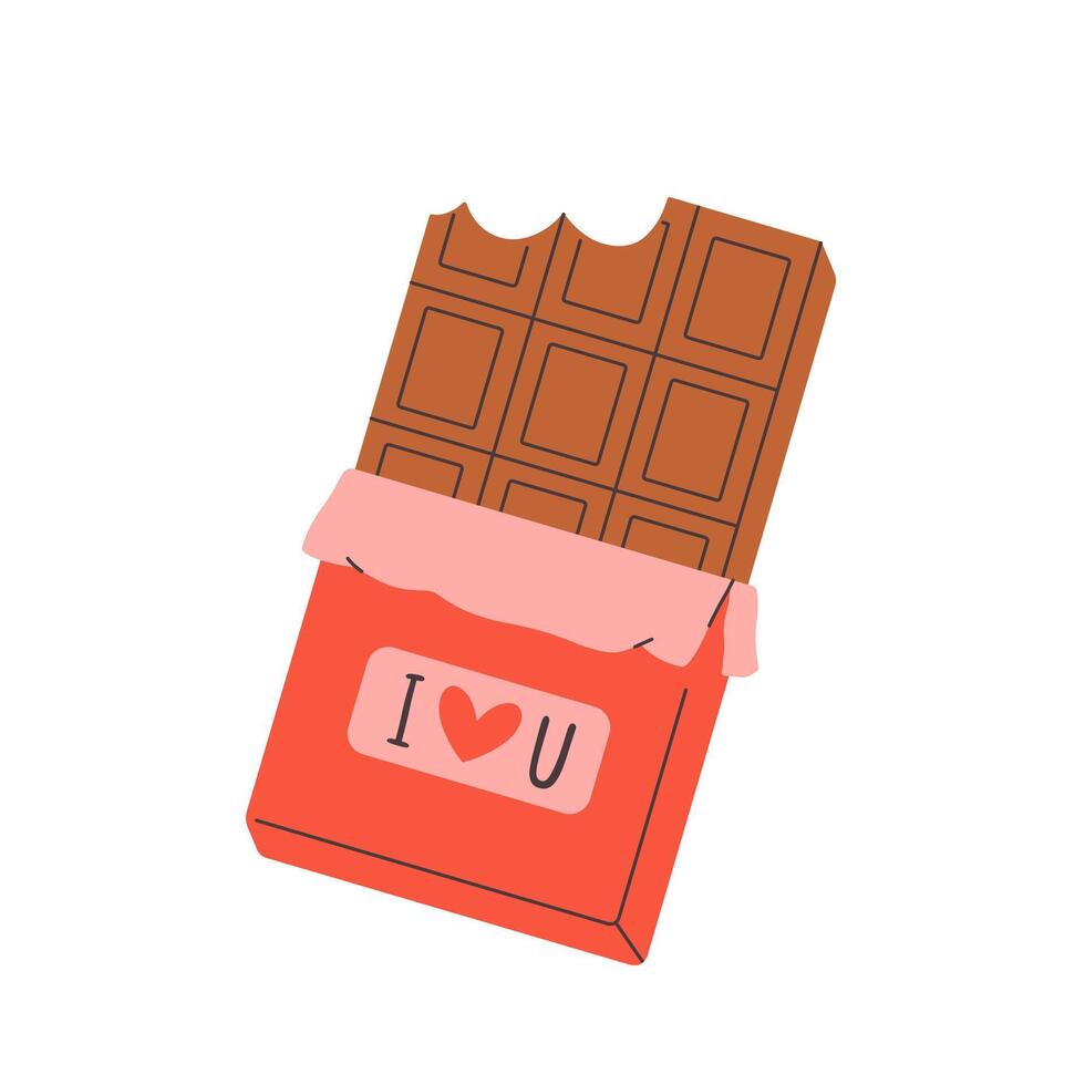Chocolate bar with bitten off piece. Sweet chocolate candy food, cocoa sugar dessert. Delicious confectionery. vector