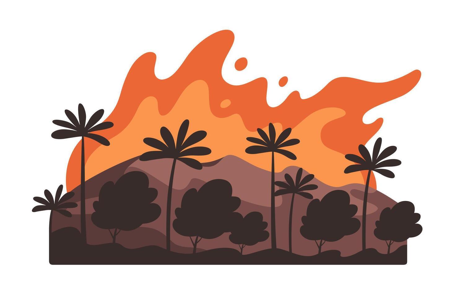 Wildfire, natural disaster. Cataclysm, catastrophe, destruction of nature. Forest in flame, dry weather, danger of drought. vector