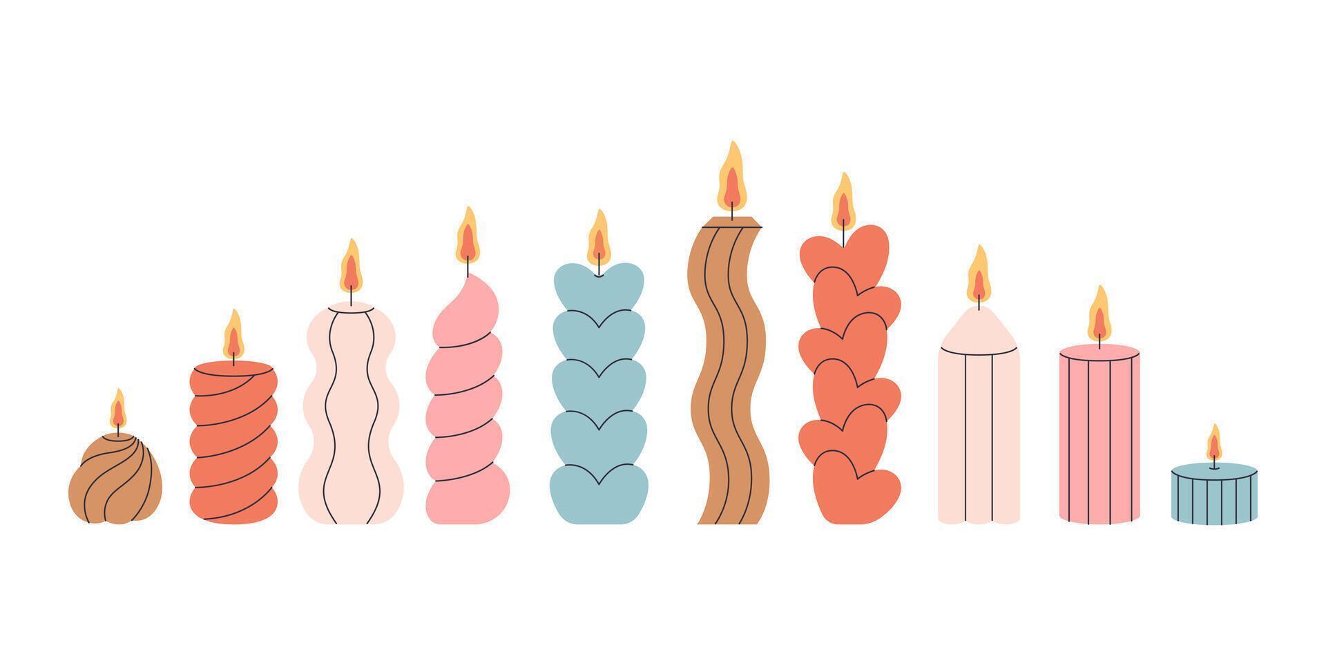 Collection ofdDecorative aromatic candles various shapes and colors. Burning scented candles vector