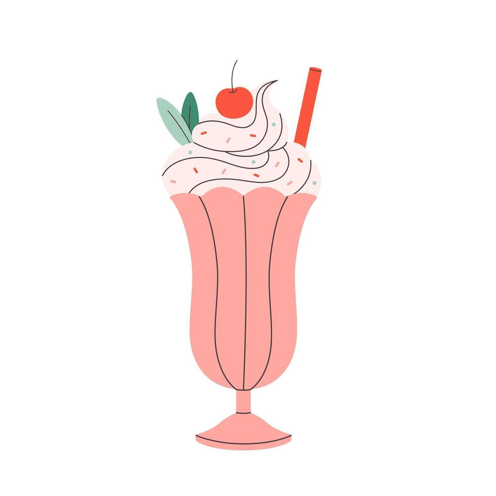 Drink with dessert in a glass with creamy topping and cherry. Perfect for celebration Valentines Day, romance and festive food. vector