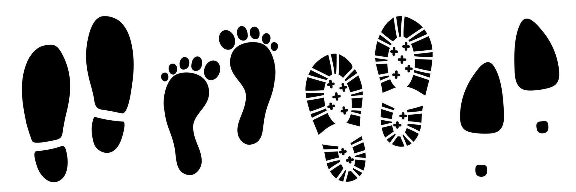 Different human footprints collection. Set human footprints. Shoes for woman and men. Flat linear design. Black silhouettes isolated. illustration vector