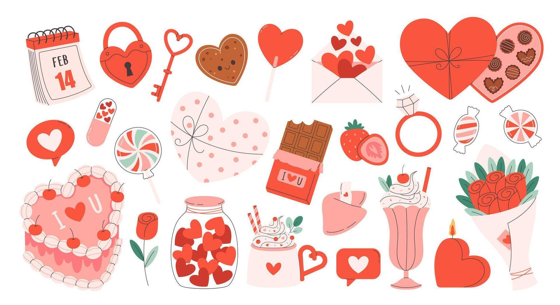 Cute Valentines day stickers set. Coquette cake, hearts, love letter, gifts, floral bouquet, ring, candles. vector