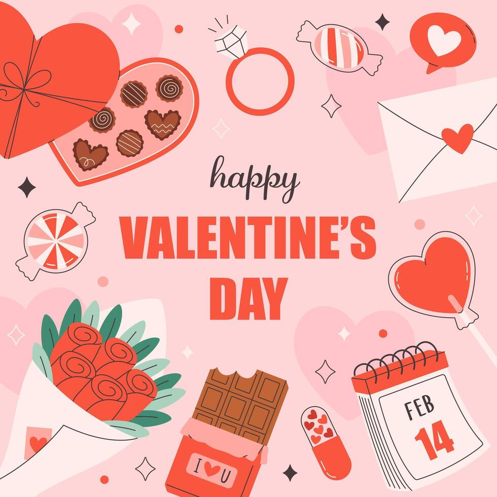 Cute Valentines Day greeting card with festive elements vector